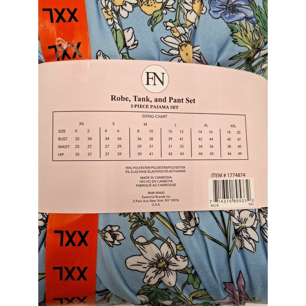 Flora Nikrooz Womens 3-Piece Pajama Set Blue Floral Robe Tank Pants 2XL New